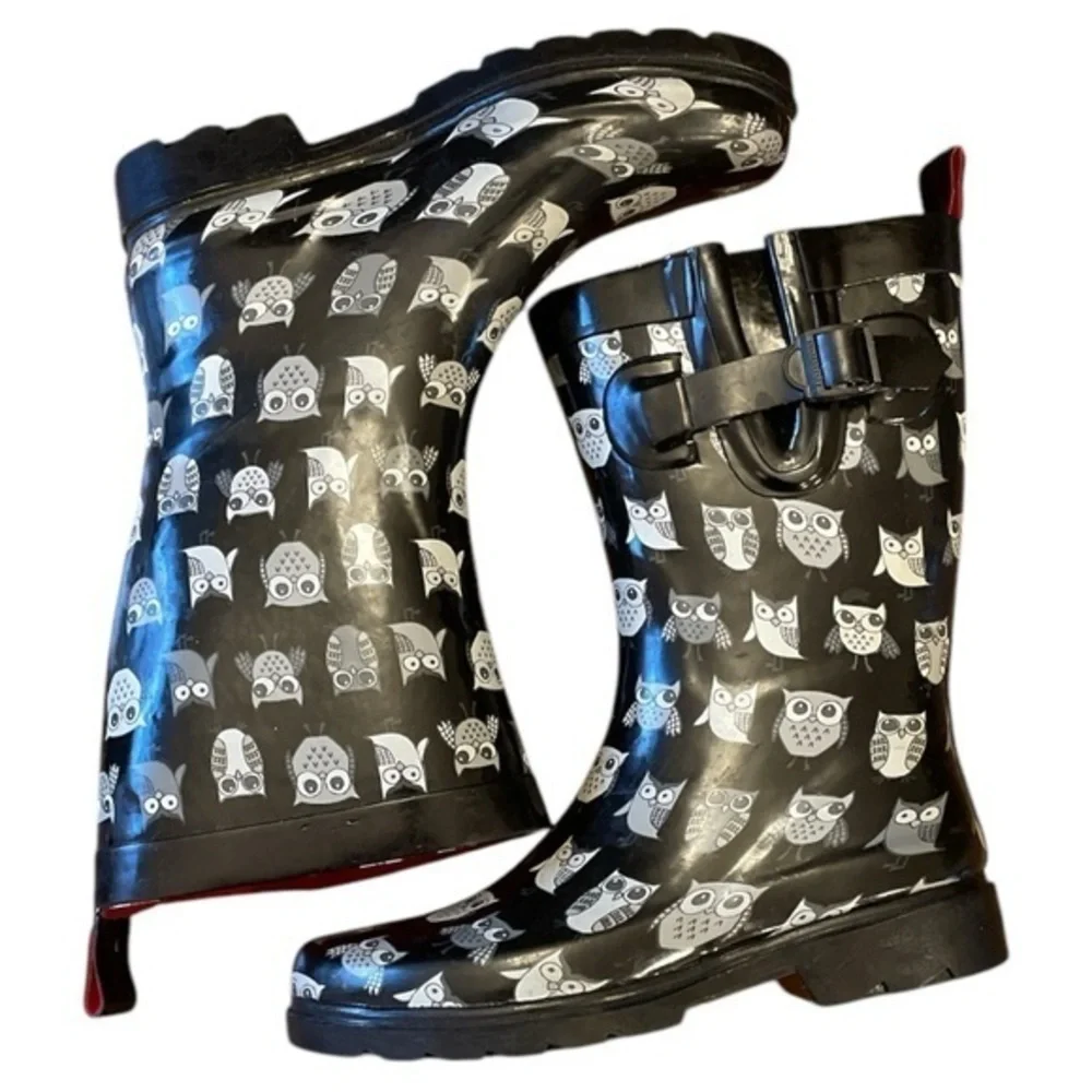 Capelli of New York Women’s Owl Graphic Rain‎ Boots Black White Sz 6 Whimsigoth